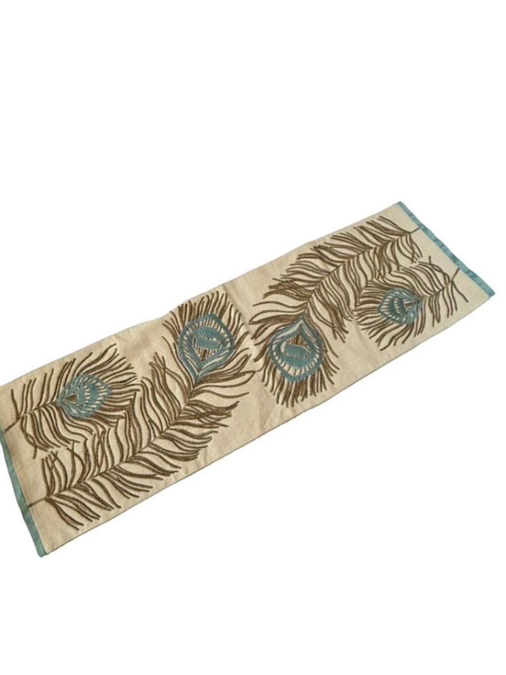 Pier 1 Peacock Feather Beaded Table Runner 41x13 Embroidered Cream Gold Blue